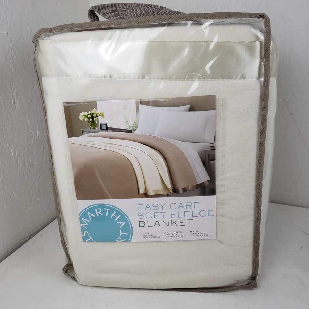 Martha Stewart Collection King Easy Care Soft Fleece Blanket Ivory Satin Trim
